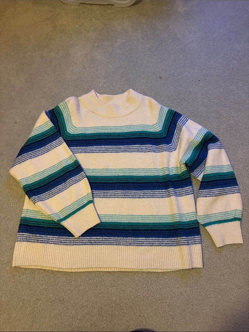 GAP Cream Crewneck Sweater with Blue and Teal Stripes